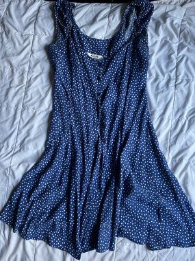 ROLLA'S BLUE PRINTED WHITE POKA DOTS WITH BLUE BUTTON DOWN FLOWY DRESS